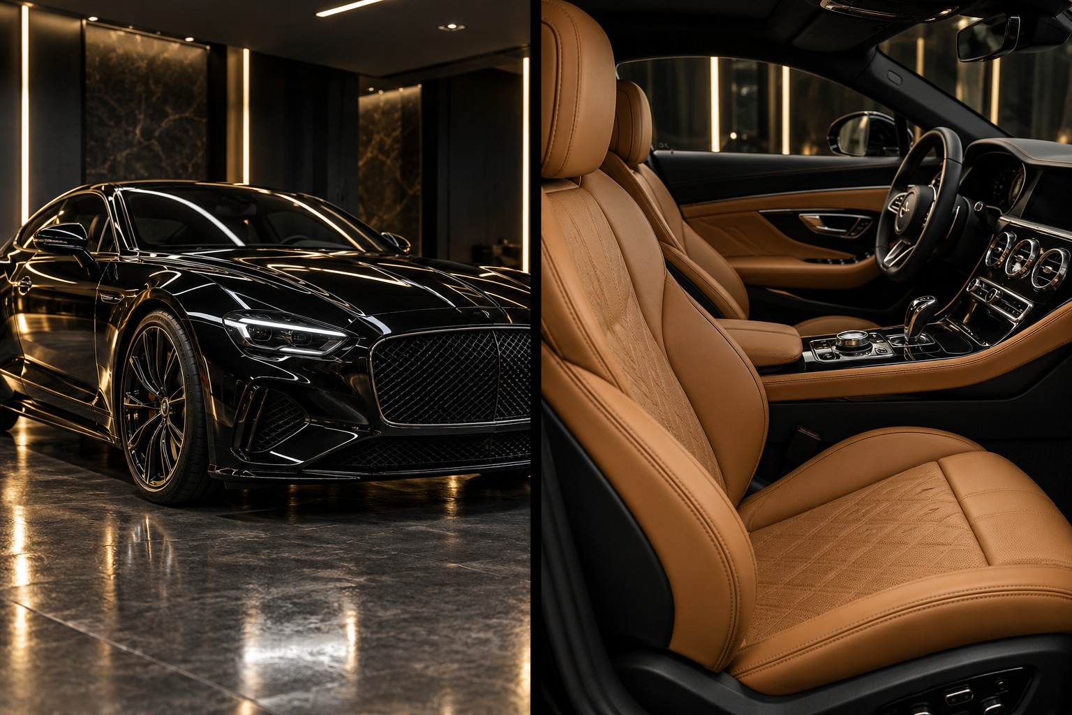 A gleaming black luxury car and a beautifully clean tan leather interior